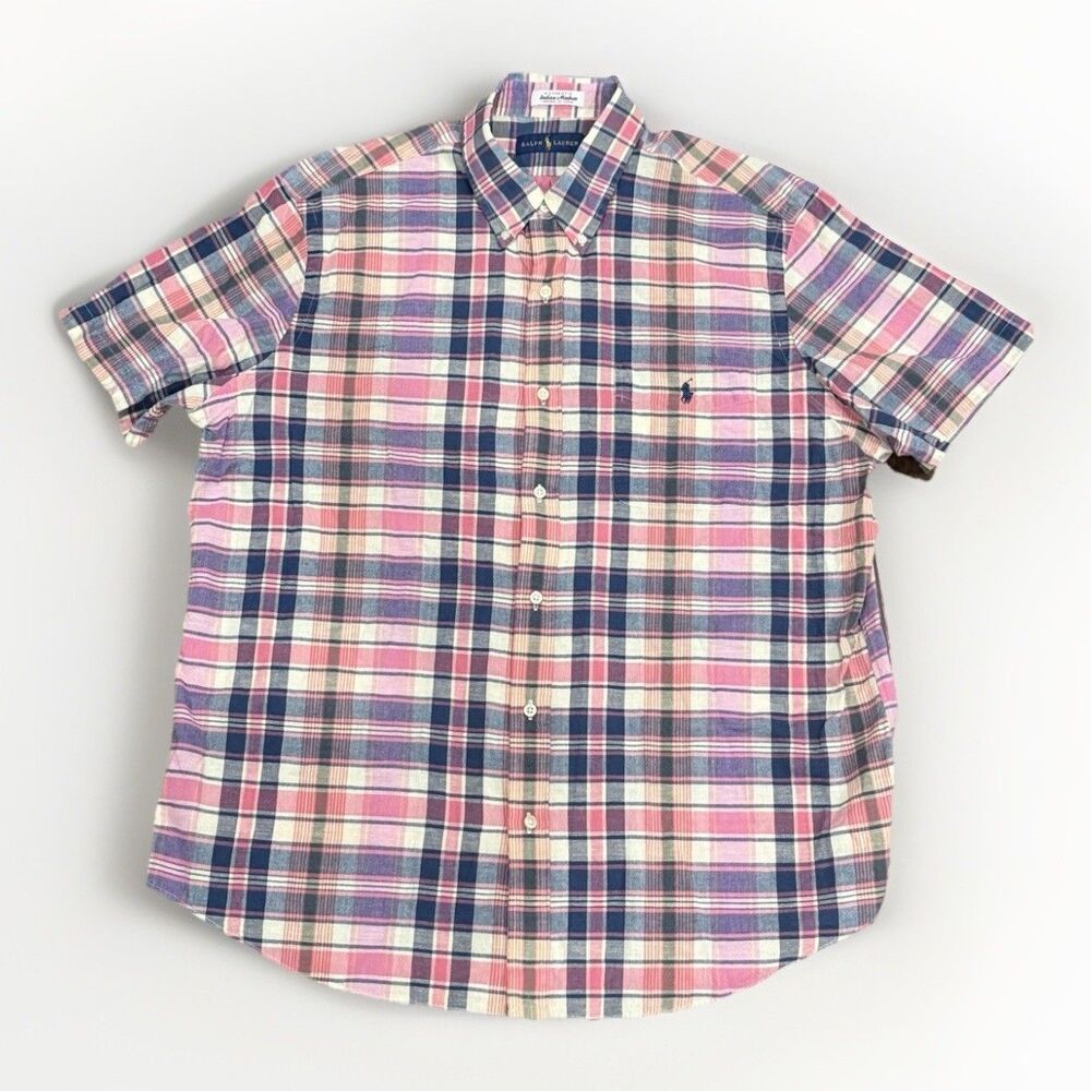 Ralph Lauren Polo Indian Madras Shirt Men XL Pink Blue Plaid Short Sleeve ECU